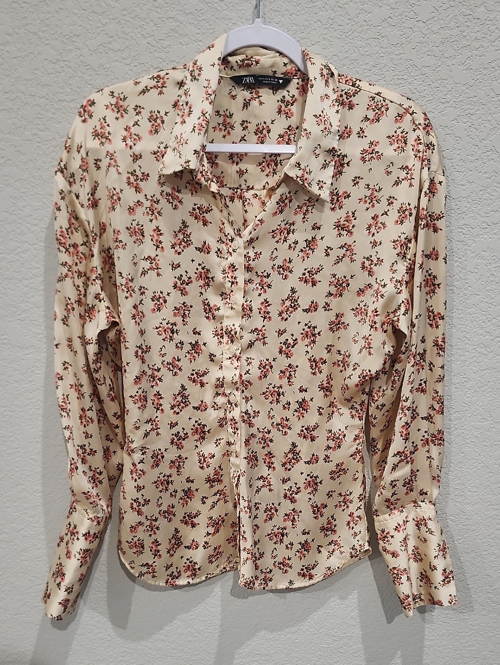 Zara Grannycore Satin Cream Pink Floral Print Button Down 70s Boho Designer Smal